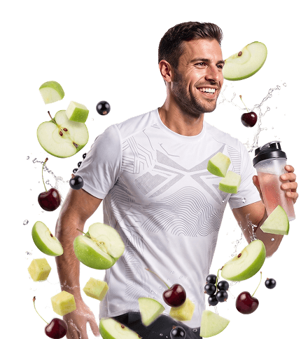 Un uomo in abbigliamento sportivo corre tenendo in mano uno shaker.